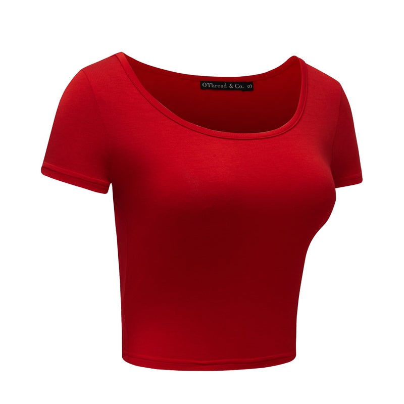 OThread & Co. Women's Basic Crop Tops Stretchy Casual Scoop Neck Cap Sleeve Shirt (Medium, Red) - Image 3